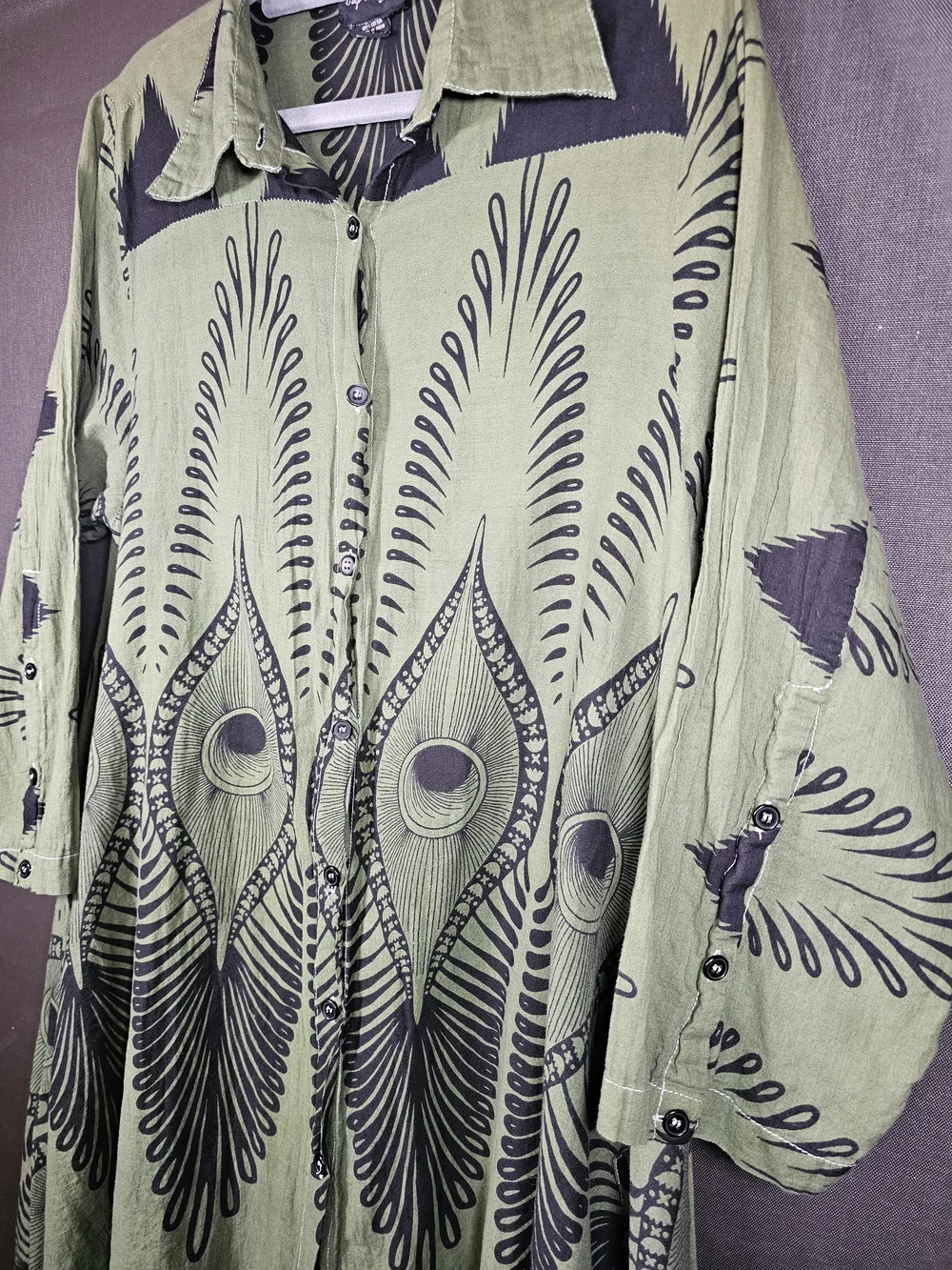 Asymmetrical Button-Front Dress in Olive Green with Black Print